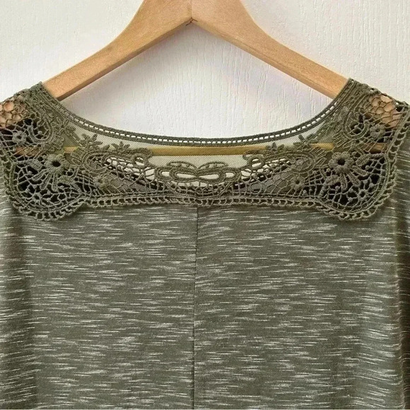 Ricki’s Cap Sleeve T-Shirt Crochet Trim Top Khaki Green Space Dye Small - Picture 11 of 14